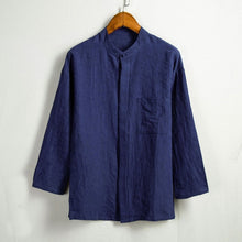 Load image into Gallery viewer, Long-sleeved Linen Shirt Men Casual Mens Simple Chinese Style New Stand Collar Solid Color Shirt camisa masculino Plus Size 4XL